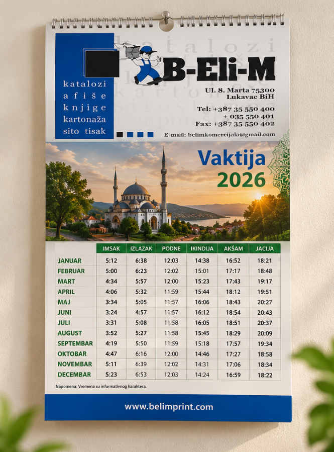 Kalendar sa vaktijom i logom firme za 2027. godinu